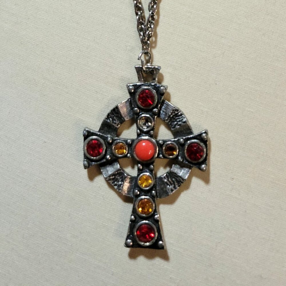 Heavy Gothic Maltese Style Red and Orange Jeweled Cross Pendant Necklace